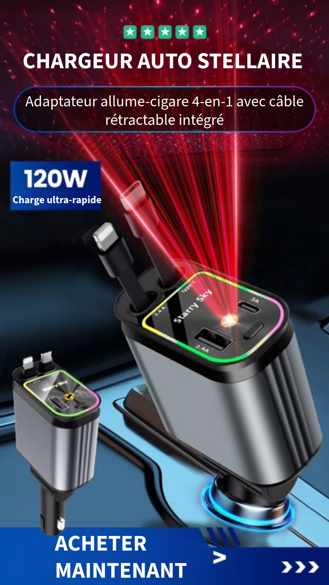 4-en-1 Chargeur de Voiture