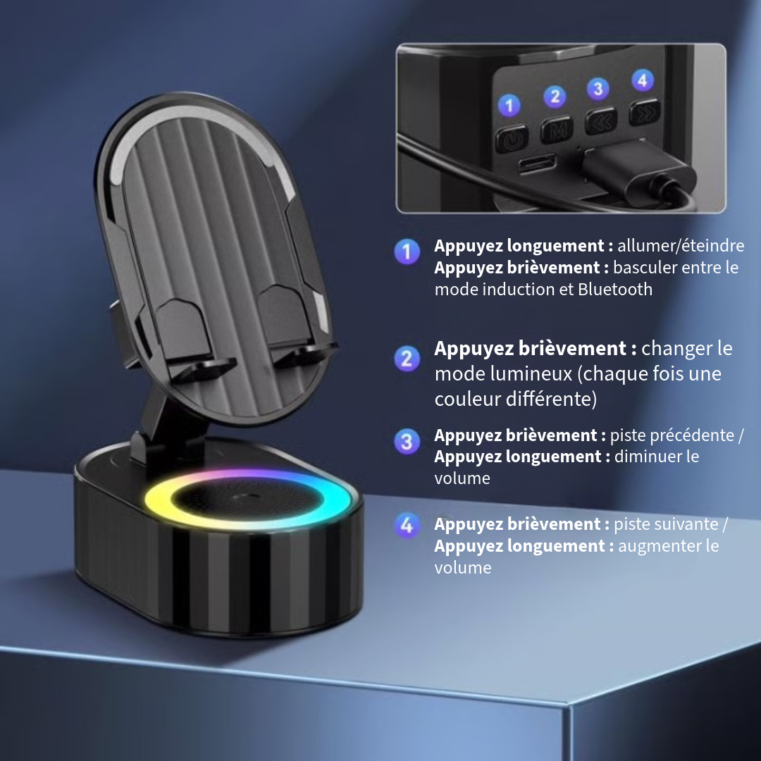 Support pour téléphone avec haut-parleur intégré et batterie externe